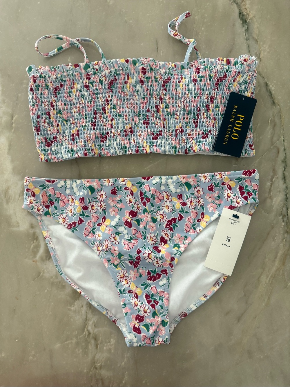 NWT Ralph Lauren Pastel Floral Smocked Bandeau Bikini - size girls 16